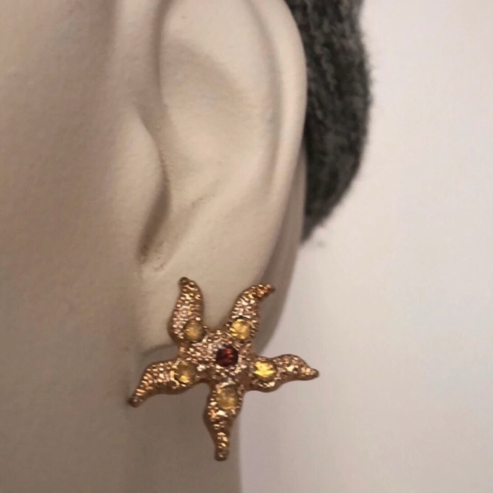 Retro Golden Starfish Earrings with Yellow and Red Accents